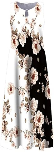 Фустани за жени iaqnaOCC за жени 2023 година, лежерна модна рунда без ракави макси фустан со џеб