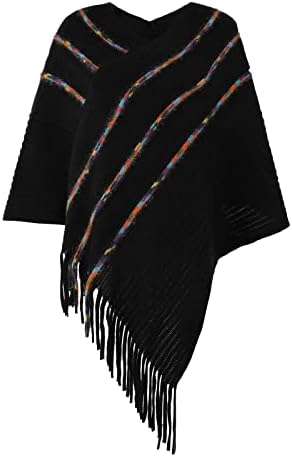 Елегантен плетен пончо врвот со ленти со ленти и рабни страни, женски кардиган џемпер паѓаат шал шал
