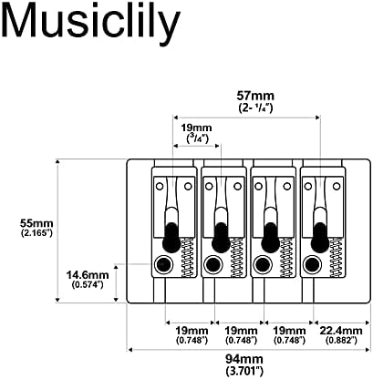 Musicallily Pro 19mm пред-радиониран тврд цинк 4-жичен бас мост, црно
