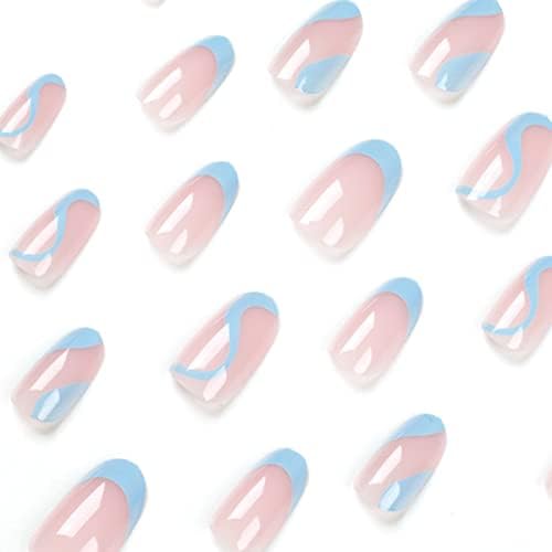 Притиснете на ноктите Среден бадем лажни нокти 24 парчиња сини бранови голи лажни нокти со лепак на ноктите целосни капаци