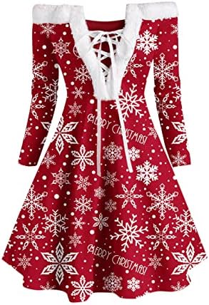 Божиќен фустан со долг ракав за жени Дедо Мраз Дедо Клаус Velvet V вратот крст крст фустани секси надвор од рамото мини фустан