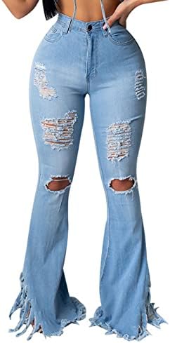 Слаби искинати фармерки на дното на bellвончето за жени класични високи половини уништени фармерки од пламен, потресени суровини од полите тексас панталони
