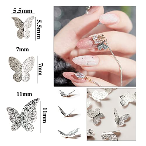 Wookoto 150 парчиња сребрена пеперутка нокти привлечност за нокти уметност 3Д пеперутки за нокти со 3 големина мешани нокти пеперутки