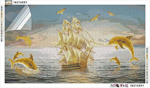 Instarry DIY 5D Diamond Painting Full Drill Golden Dolphin and Shailboat Rhinestones Cross Stitch Wallight 43.3x23.6 инчи