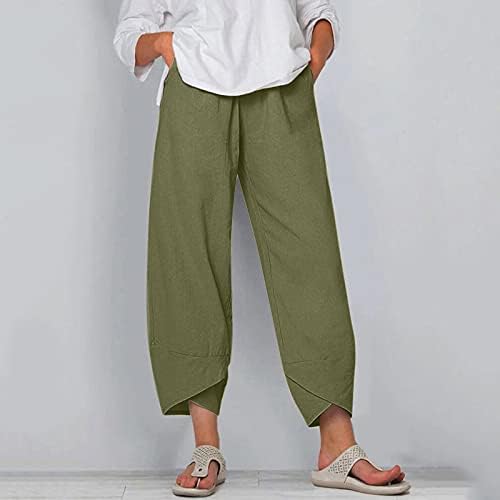 Panенски панталони за плажа во Гуфесф, женски обични исечени памучни постелнина панталони лето лабава панталони со џебови