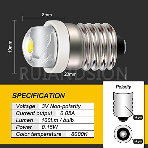 Ruiandsion 2pcs E10 LED Светилки 3V COB 0.5 W 6000K Бела LED Надградба Светилки Замена За Факел Фенерче Факел Фар