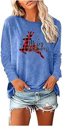 Среќни Божиќни кошули со долг ракав за жени, екипаж пулвер симпатично излегувајќи врвни лежерни графички маички Y2K облека