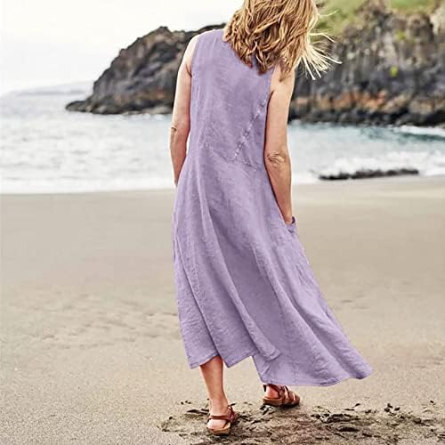 Летни фустани во Везад за жени 2023 Обична цврста боја памучна постелнина фустан без ракави, тркалезен врат плажа, проток