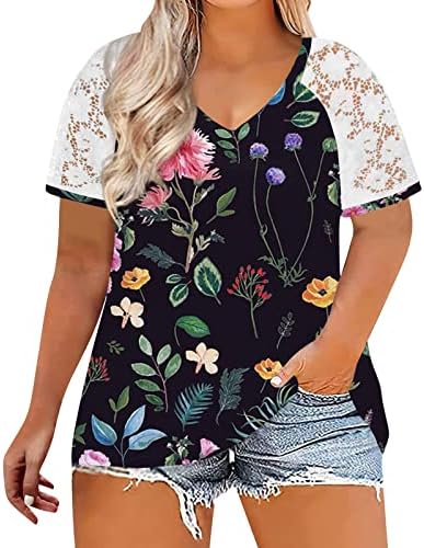 Плус големина на врвови за жени Боемска цветна маичка за печатење Видете преку летни врвови на ракави на чипка V преголема кошула