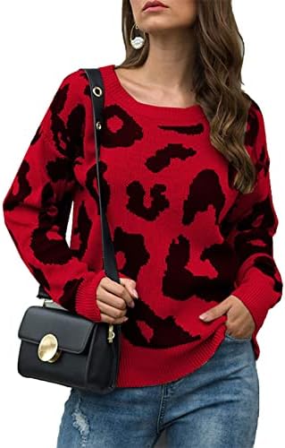 Женски женски џемпер од врат од леопард печати со долги ракави плетени џемпери со врвен пулвер џемпери
