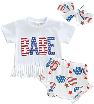 4-ти јули бебе девојче Облека за облека за деца Дете на мали облеки за облека со маица со маица врвни американски шорцеви со знаме со глава