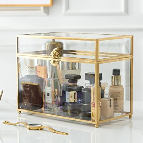 Голем 10 „Геометриски Terrarium Gold Brass Glass Card Box гроздобер форма на правоаголник со нога, совршен за декор за централно декор