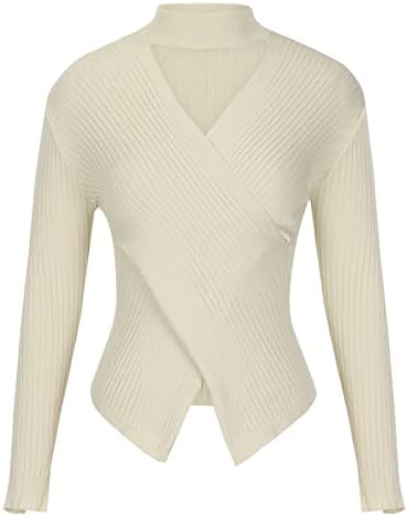 Womenените плетени џемпер паѓаат секси завиткана завиткана врата со долги ракави ребра-плетени џемпери, поделени полите улична облека, тесни