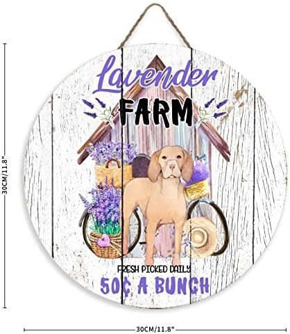 Фарма куќа влезна врата знак лаванда фарма виолетова цвет смешно куче животно милениче влегување дома знак дрвен wallиден уметнички