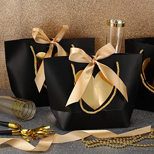 24 компјутери торби за подароци со рачки за забави за забави, рефус торби со црна хартија со лак лента злато срце за Денот на вineубените годишнина