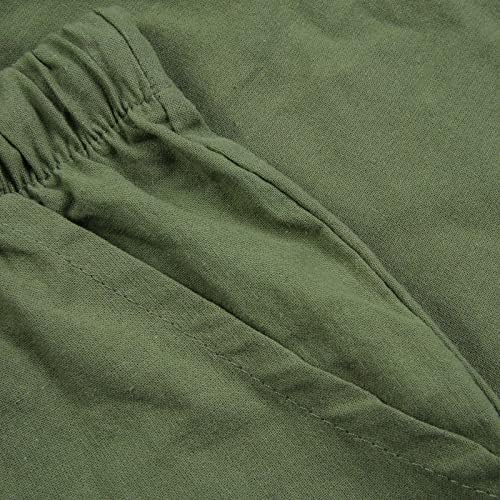 Шорцеви за жени со висока еластична половината со цврста боја памучна постелнина облека облечени облеки удобни шорцеви во Бермуда со џебови