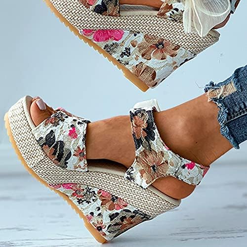 Чевли за чевли Гуфесф за жени, жени клин -сандали отворени пети чипка за завој со цвет печатена платформа Еспадрил чевли