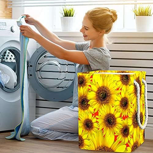 Жолто сончогледово шема цветајќи алишта за перење со рачки голема корпа за склопување за корпа за складирање, детска соба, организатор на домови,