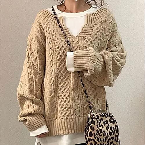 Женски обичен пуловер раб на долги ракави на екипажот плетени џемпери густо топло лабаво вклопување трендовски преголем скокач врвови
