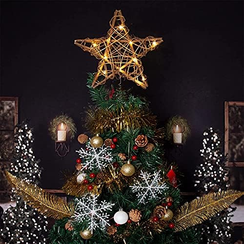 Божиќна Ѕвезда Дрво Топер Осветлена -  Природни Christmasан Божиќ Ѕвезда Дрво Со 10 ПАРЧИЊА Плетен Starан Ѕвезди За Рустикален Божиќ