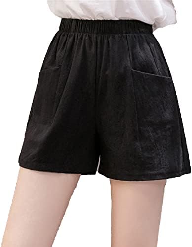 Женски рифли широки шорцеви за нозе летни обични удобни памучни постелнини шорцеви цврсти еластични панталони од половината со џебови
