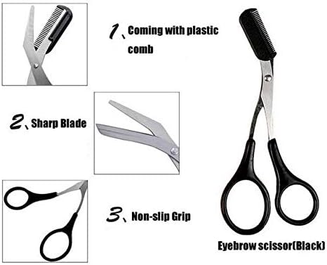 1 парчиња ножици од веѓи од не'рѓосувачки челик со чешел и црни ножици што не се лизгаат за трепките за тревки од тревки, мустаќи за коса,
