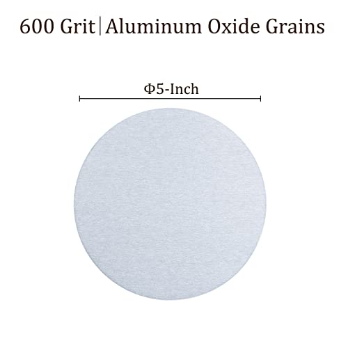 Козело 20 парчиња дискови за пескање на кука и јамка - [5 инчи x 600 решетки] Алуминиум оксид бели песочни песоци за орбитални сандер