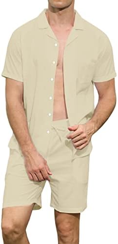 Машка постелнина со 2 парчиња Копче за кратки ракави со кратки ракави надолу летово лабаво вклопни кошули и шорцеви поставени