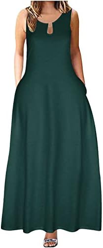 ПВЦ -летни фустани за жени 2023 година со резервоар без ракави без ракави, замав макси фустан со цврст боја, обичен фустан со џебови со џебови