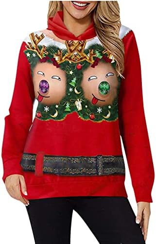Унисекс грди Божиќни дуксери жени 3Д смешен печатен дизајн џемпер со долги ракави лабави пулвер качулка врвови за Божиќ