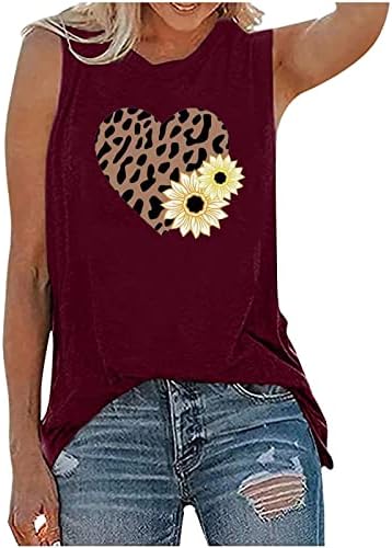 Оплксуо графички резервоар врвови за жени летни обични лабави лабави кошули сончогледни леопард срцето печатено тркалезно вратот на вратот