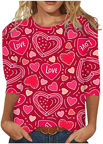 3/4 кошула за ракави за жени, женски обични врвови модни кошули за печатење на срце, празнични маички со тркала вратот на вратот на вратот
