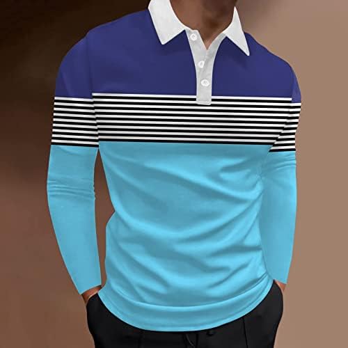 Поло кошули на Вокачи Машки, пролетен долг ракав шарена боја блок -крпеница копче вратот голф врвови мускули тенок фит кошула