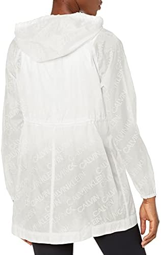 Calvin Klein Performance Women's Logo Logo Print High Two Hep Hooded јакна со прилагодливи банџиски половини и џебови за поштенски