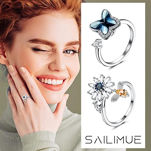 Sailimue 9pcs fidget Анксиозност прстени за жени Спинер фидгет прстени за анксиозност прилагодлива кубна цирконија цвет од пеперутка