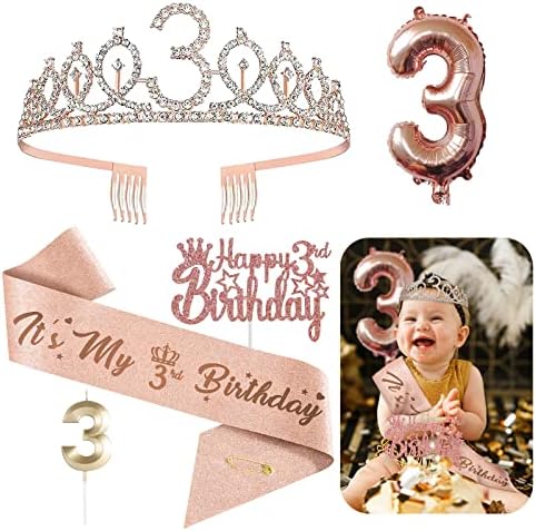 Слатка 3 роденденски украси за неа - подароци од 5 парчиња, вклучувајќи 3 -та тијара круна, појас, торпи за торта, балони, роденденски