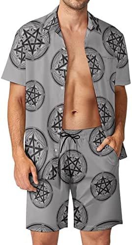 Пентакл олтар Пентаграм машки 2 парчиња облека на плажа на хавајски копче надолу со кошула со краток ракав и костуми за шорцеви