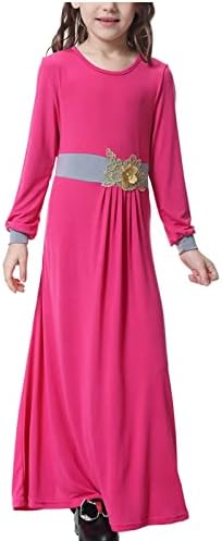 Лциво Муслимански Долг Фустан за девојки 8-17 Години Девојки Со Долг Ракав Кружен Врат Секојдневни Макси Фустани Со Појас Во Боја