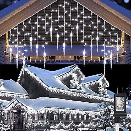 Божиќни светла на бели лекови на отворено, надграден 360 LED 29,5ft 8 режими Icice Curne Fairy Libils со 60 мини капки светла за треперење