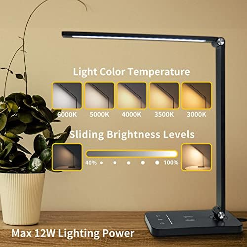 I-ILUUM LED биро за ламба, колеџ Дормос Суштински ламба со USB порта за полнење и 10W Брз безжичен полнач, Контрола на допир 5 режим на