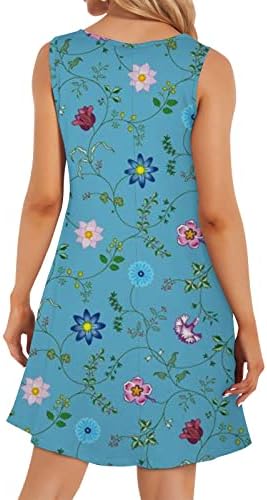 Пролетни фустани за жени 2023 лето лето -обичен резервоарот фустан без ракави на коленото, цветен фустан од плажа со џебови