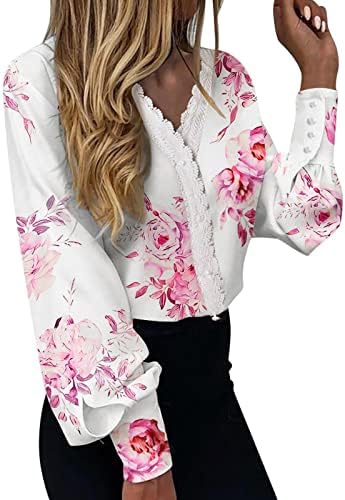 Beuе жени цветни печати чипка против маици со вратот деловни лежерни долги ракави копче за кошула надолу надолу со блузи лабави врвови на туника