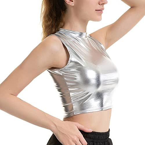 Yoojoo Shineенски сјаен метален металик без ракави на теренски култури за култури за рајски забавен клуб танц 2 сребрен медиум