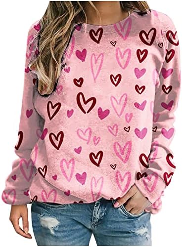 Валентански кошули за жени диско срце за печатење на срце, симпатична празничка пукала блуза со долги ракави, џемпер за екипаж на