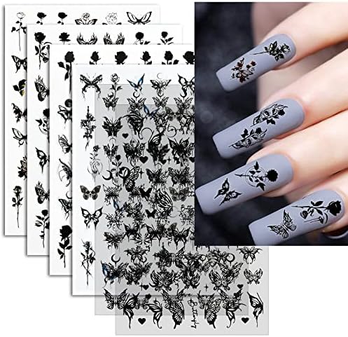 6 чаршафи црна пеперутка роза на налепници за нокти за уметност за нокти, 3Д резерви за нокти за нокти дизајн Декорации додатоци