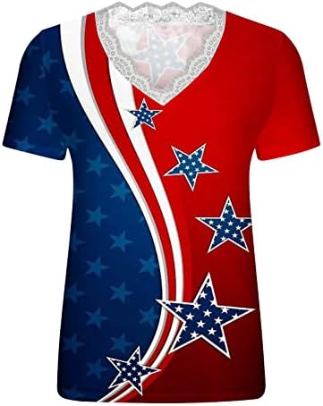 4-ти јули врвови за жени маички со чипка против вратот на летниот ден на независноста, кратки кошули со ракави, обични американско