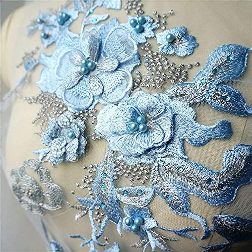 Uxzdx cujux Sky Blue 3D Flowers Bids Rhinestones Applide везена венчавка наметка за украсување, мешавина од ткаенина шива на лепенка за фустан