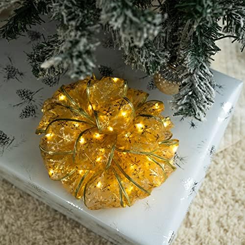 Божиќна златна панделка со светла, декорација на додатоци од дрво, 16 стапки со 50 LED, управувана батерија