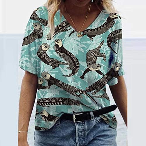 Блуза со кратки ракави на дојамбо за жени летни екипи на екипаж модни врвови за печатење лабави обични кошули, S-3XL