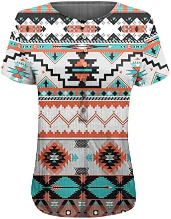 Кошули со краток ракав за жени екипаж вратот Ацтек геометриски графички маички блузи случајни плус големина основни врвови пулвер